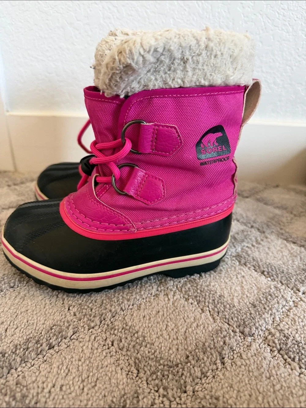 Sorel Pink and Black Kids Waterproof Snow Boots with Faux Fur Cuff